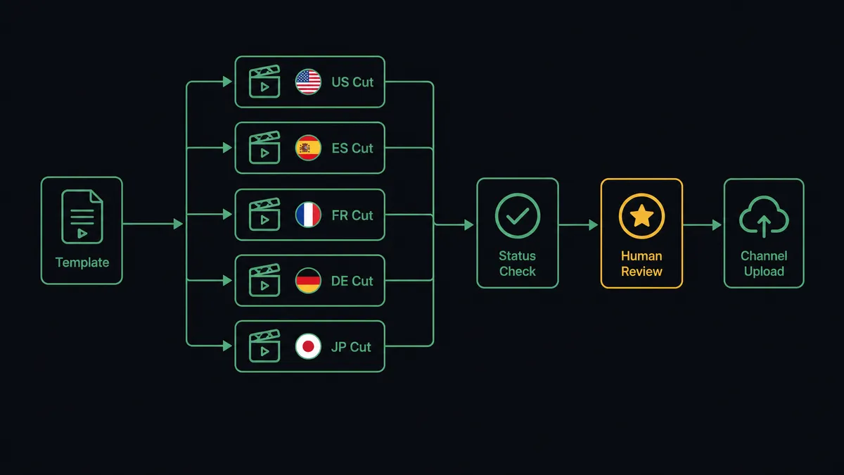 A dark screen showing a compact pipeline diagram: a template icon branches into a row of five video-cut icons labeled with language flags, converging through a single status-check icon, then narrowing to one highlighted "hero cut" icon that flows into a channel-upload icon
