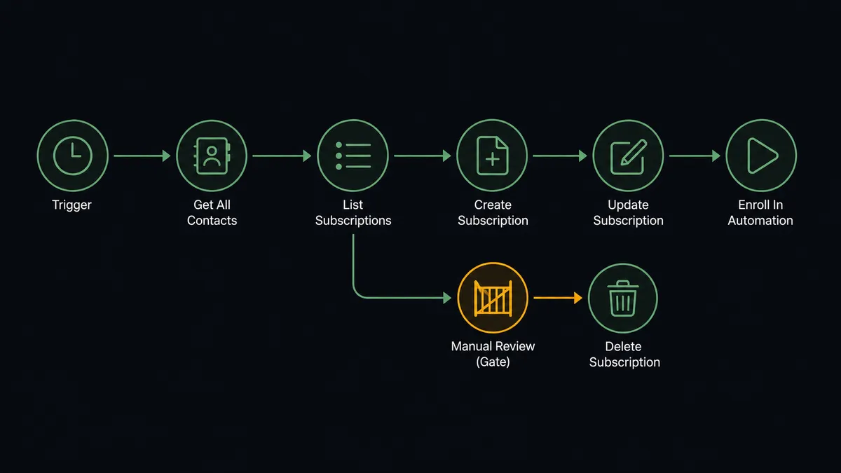 A dark #0C0E12 horizontal flow diagram: a clock node, then nodes labeled Get All Contacts, List Subscriptions, Create Subscription, Update Subscription, and Enroll In Automation, joined by thin sage-green connectors
