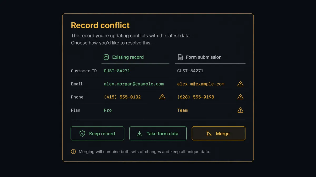A dark Slack-style approval card on a #0C0E12 field titled "Record conflict"