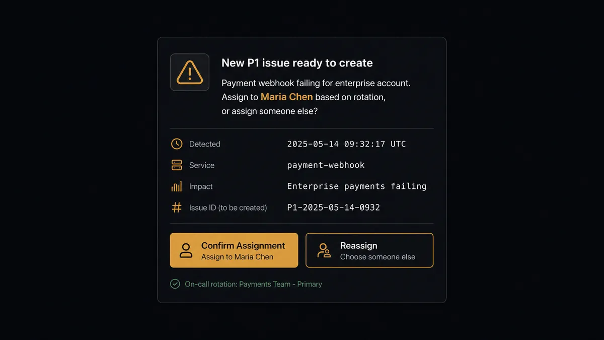 A dark Slack-style notification card reading "New P1 issue ready to create: Payment webhook failing for enterprise account