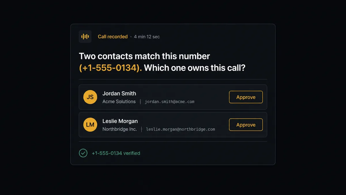 A dark Slack-style message card showing an agent notification: "Two contacts match this number (+1-555-0134)