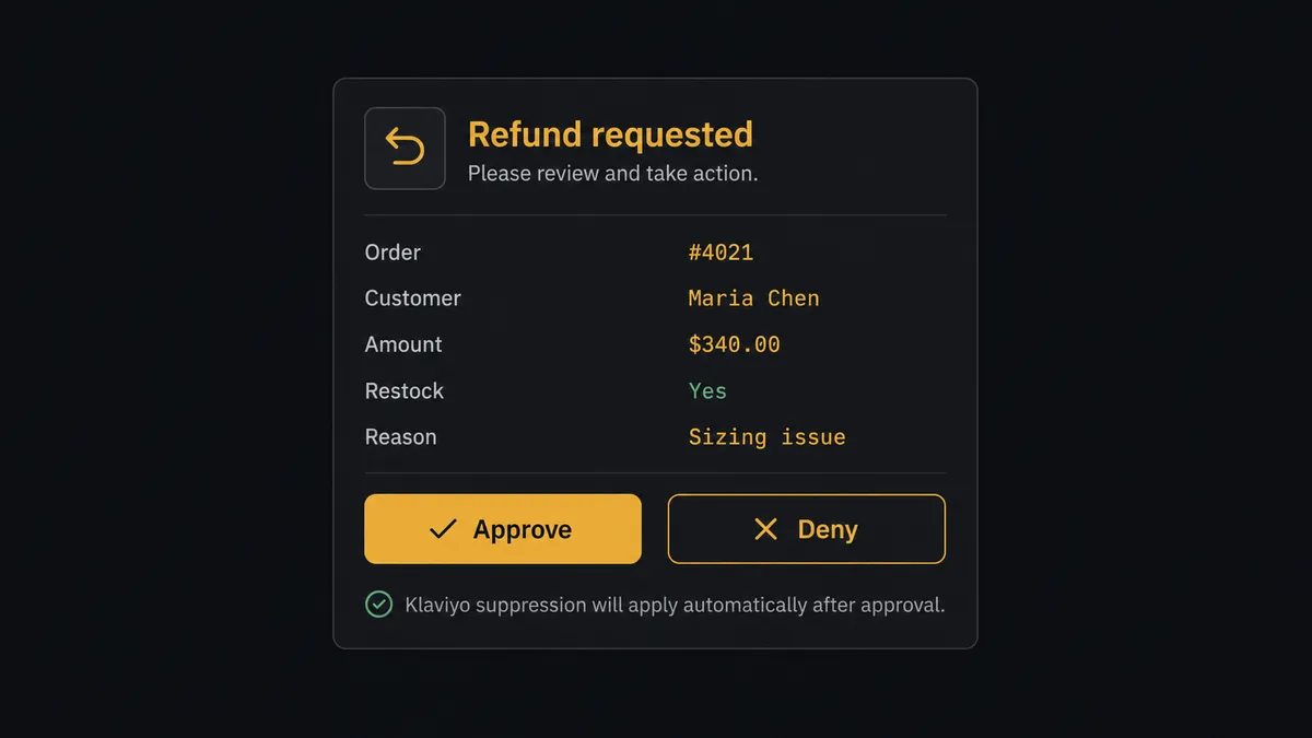 A Slack-style approval card on a dark background reading "Refund requested for order #4021, customer Maria Chen, amount $340