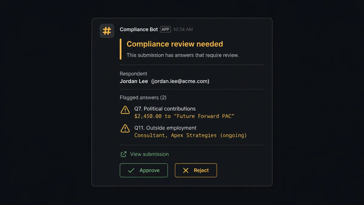 A dark Slack message card showing an approval request titled "Compliance review needed" with a respondent name, two flagged answer fields highlighted in amber, a "View submission" link, and two buttons labeled Approve and Reject