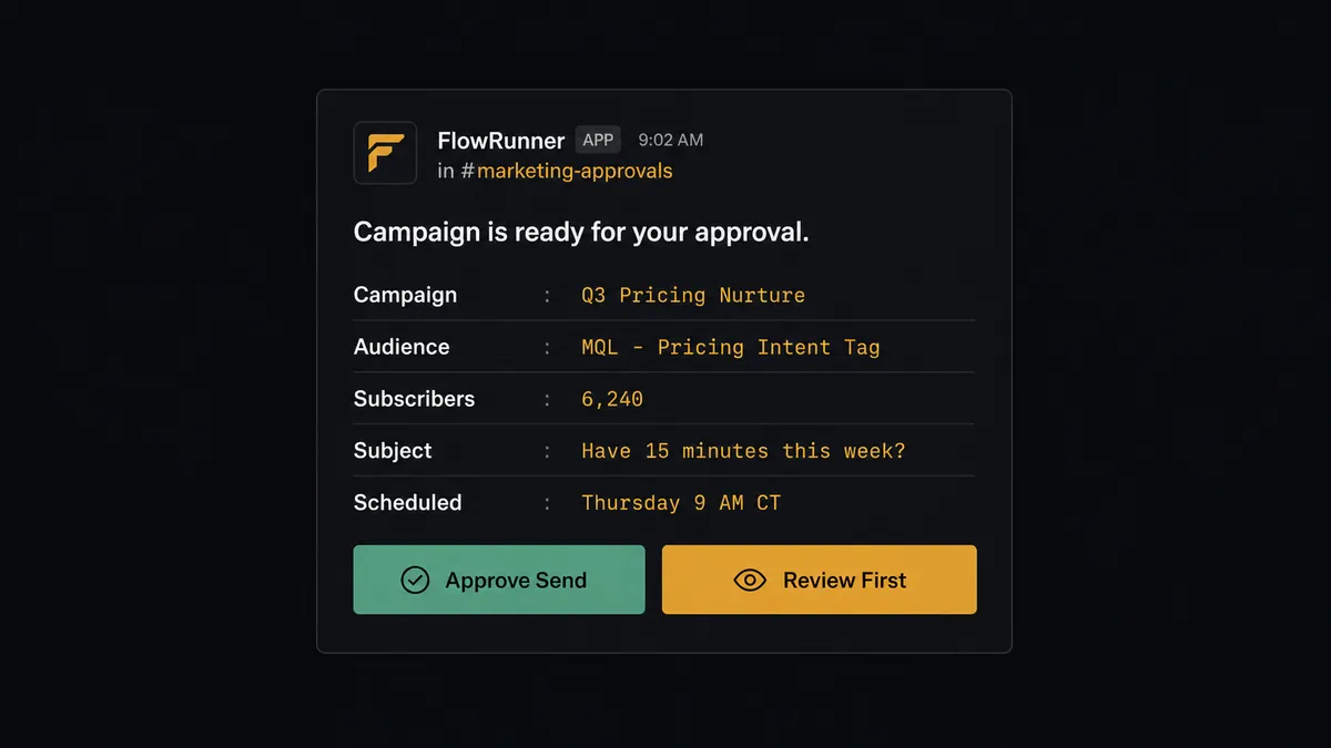Dark Slack card from FlowRunner agent in #marketing-approvals channel