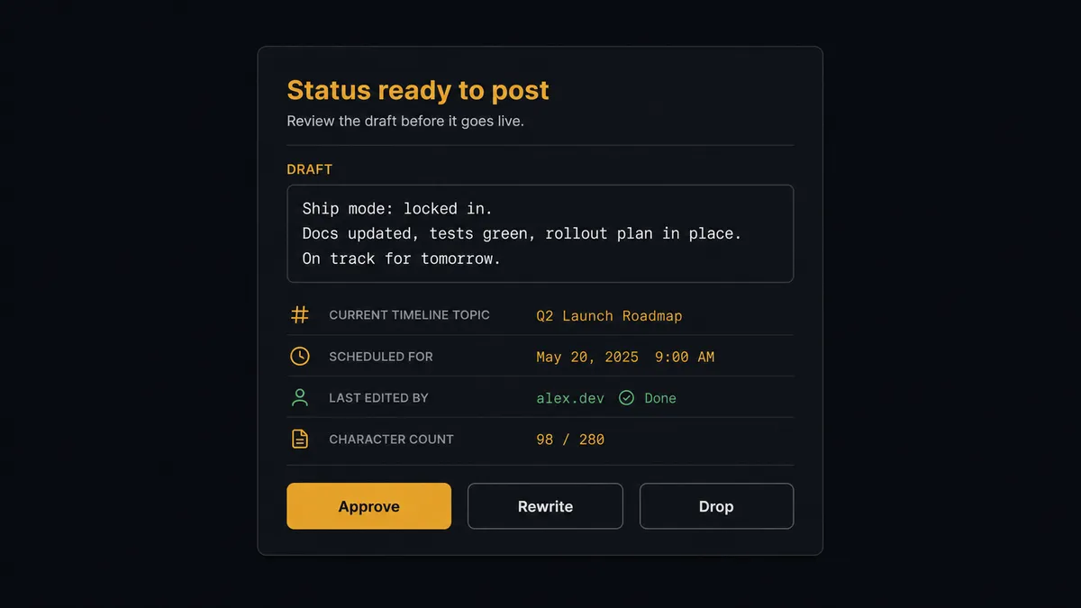 A dark Slack-style approval card on a #0C0E12 field titled "Status ready to post"
