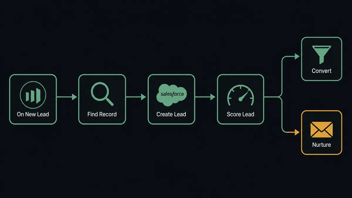 A dark UI panel showing a horizontal sequence of five connected nodes: a Marketo lead icon labeled "On New Lead," an arrow into a magnifying-glass node labeled "Find Record," an arrow into a Salesforce record card labeled "Create Lead," an arrow into a scoring gauge node, and a final split into two paths labeled "Convert" and "Nurture