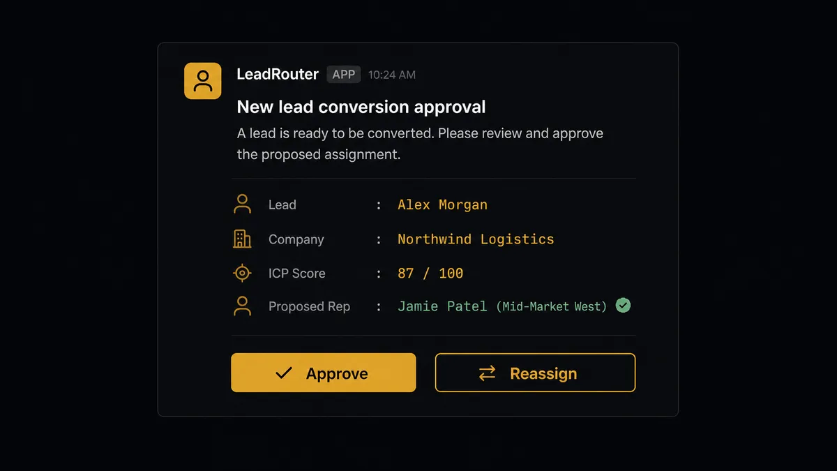 A Slack message card on a dark background showing a lead conversion approval request: a lead name and company, an ICP score of 87, a proposed territory rep assignment, and two buttons labeled "Approve" and "Reassign