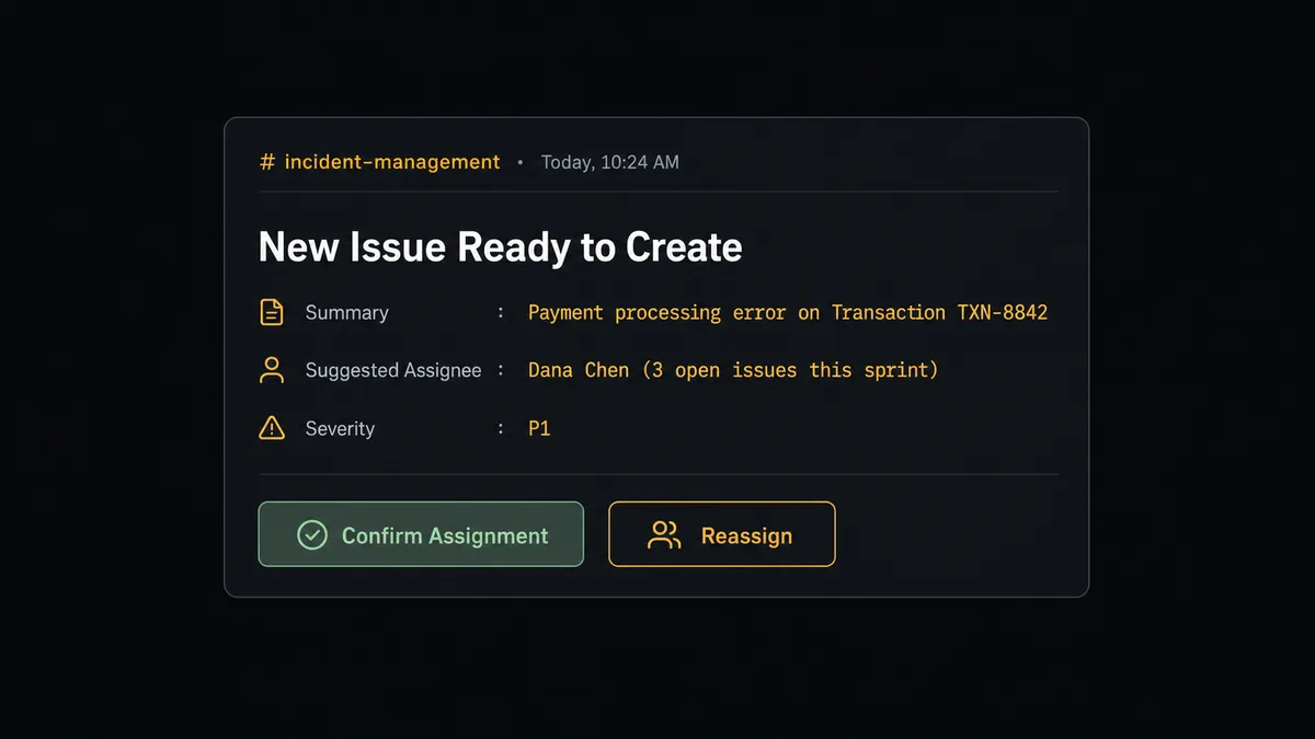 Dark Adaptive Card mock-up in a Teams channel on #0C0E12 background