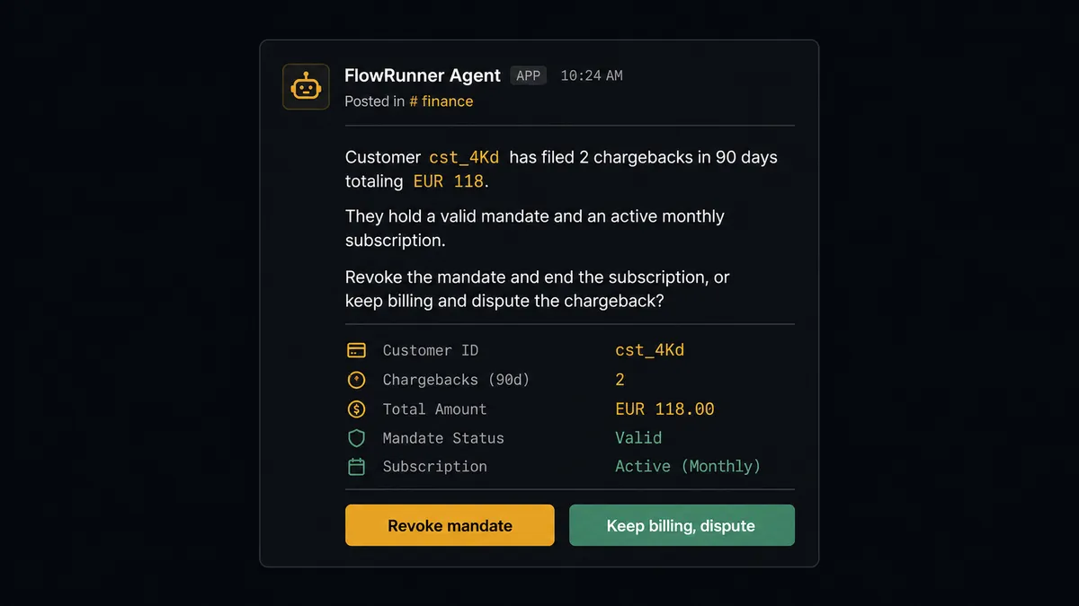 A Slack message card on a dark background posted by "FlowRunner Agent" in a #finance channel