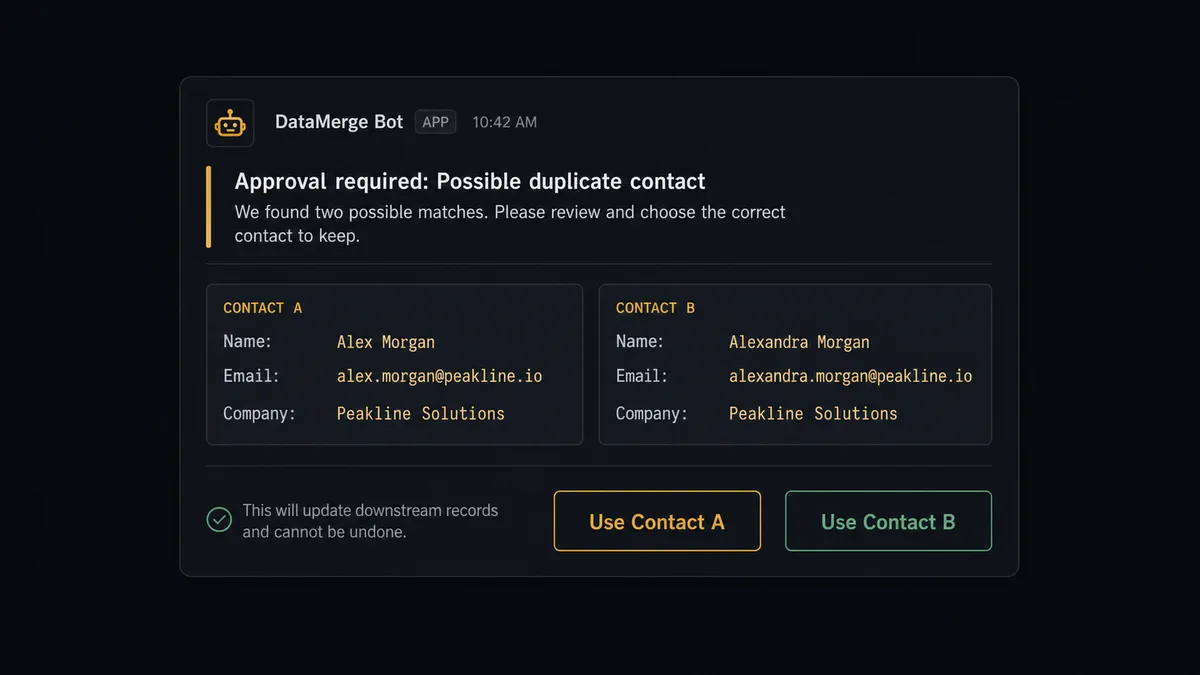 A Slack message card on dark background showing an automated approval request with two contact record summaries side by side, each with a name, email, and company, and two response buttons labeled "Use Contact A" and "Use Contact B" below