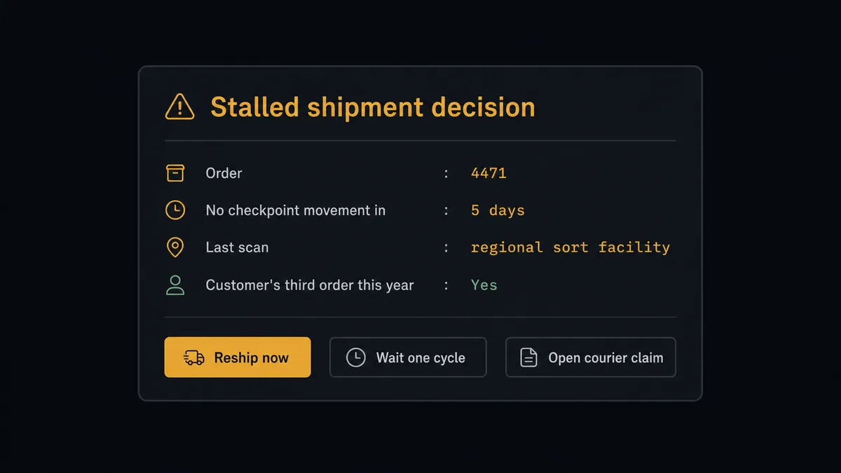 A dark approval card on a #0C0E12 field titled "Stalled shipment decision"