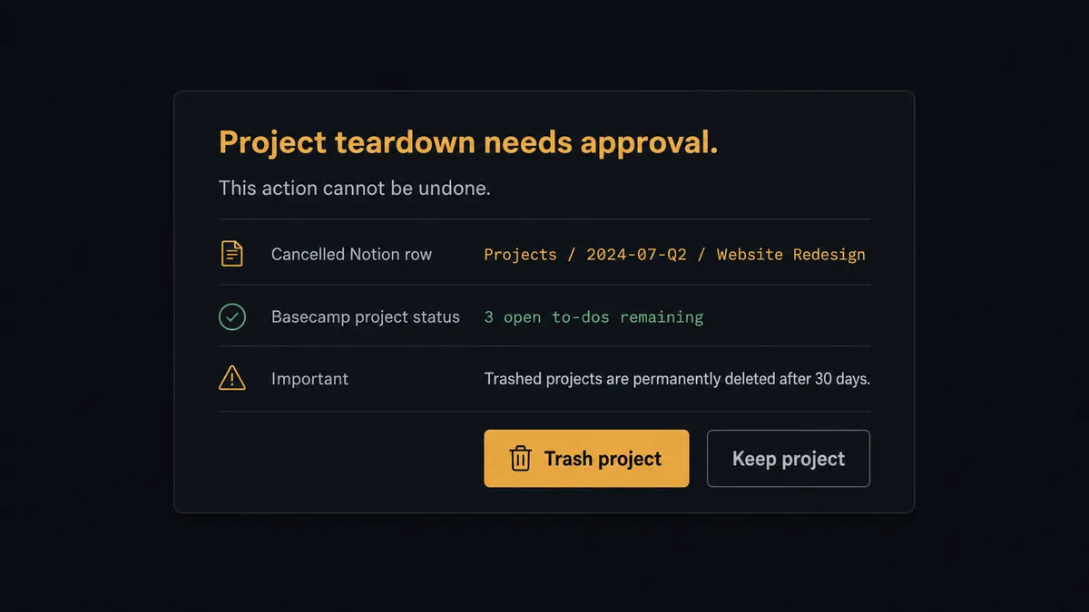 A dark Slack-style approval card on a #0C0E12 field titled "Project teardown needs approval