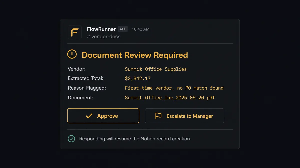 A dark Slack message card from FlowRunner in a channel called "vendor-docs