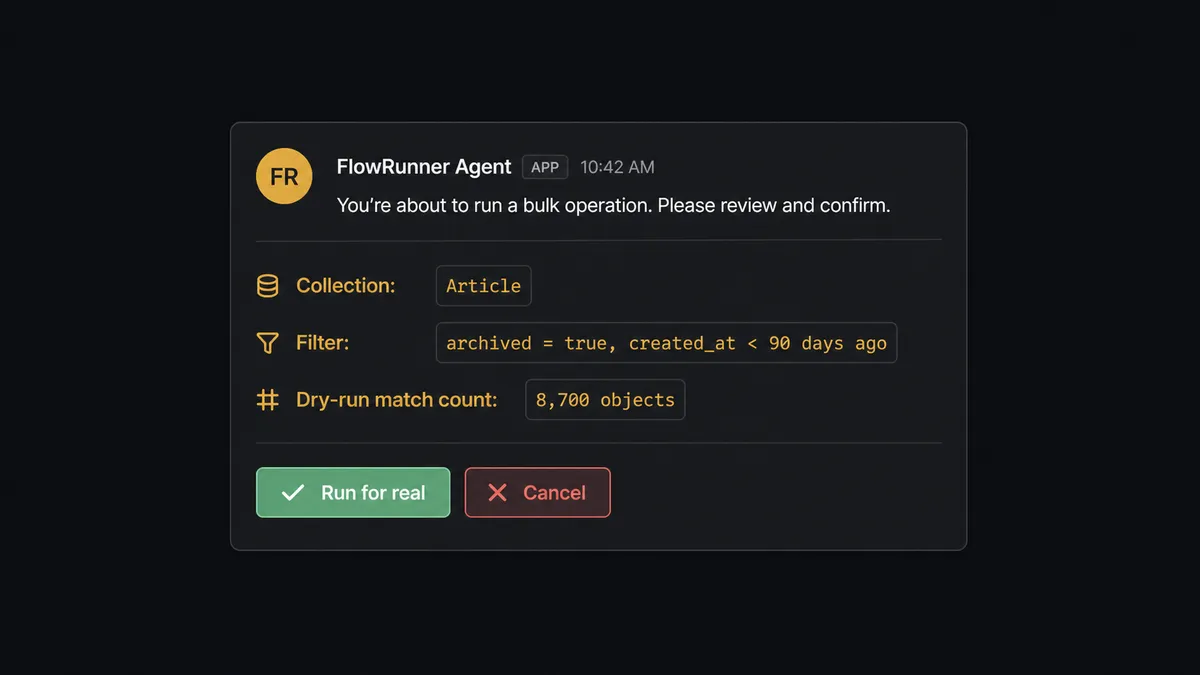 Dark Slack message card sent by an agent labeled "FlowRunner Agent"