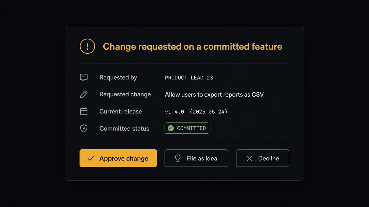 A dark Slack-style approval card on a #0C0E12 field, titled "Change requested on a committed feature