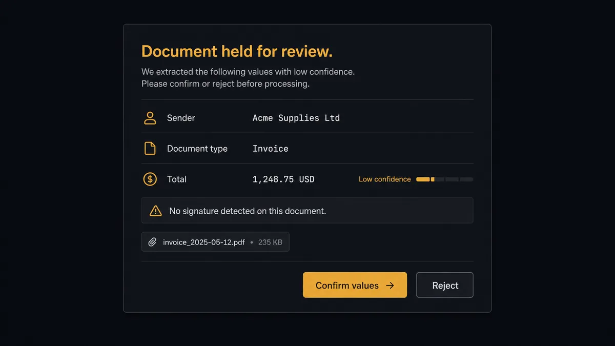 A dark Slack-style review card on a #0C0E12 field titled "Document held for review