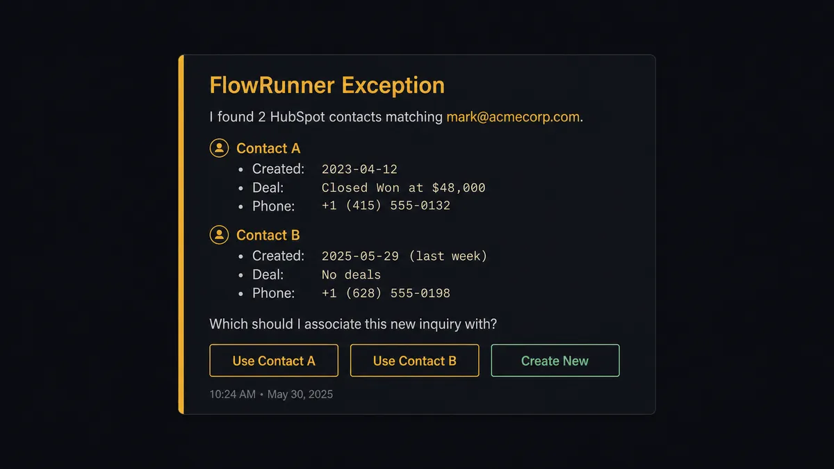 A dark Slack notification card with a header "FlowRunner Exception" and an amber border on the left edge