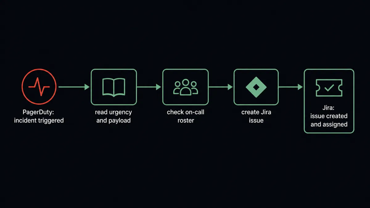 A dark operations console shows a red incident pulse entering from the left labeled "PagerDuty: incident triggered," moving through three connected nodes labeled "read urgency and payload," "check on-call roster," and "create Jira issue," ending in a green ticket card on the right labeled "Jira: issue created and assigned
