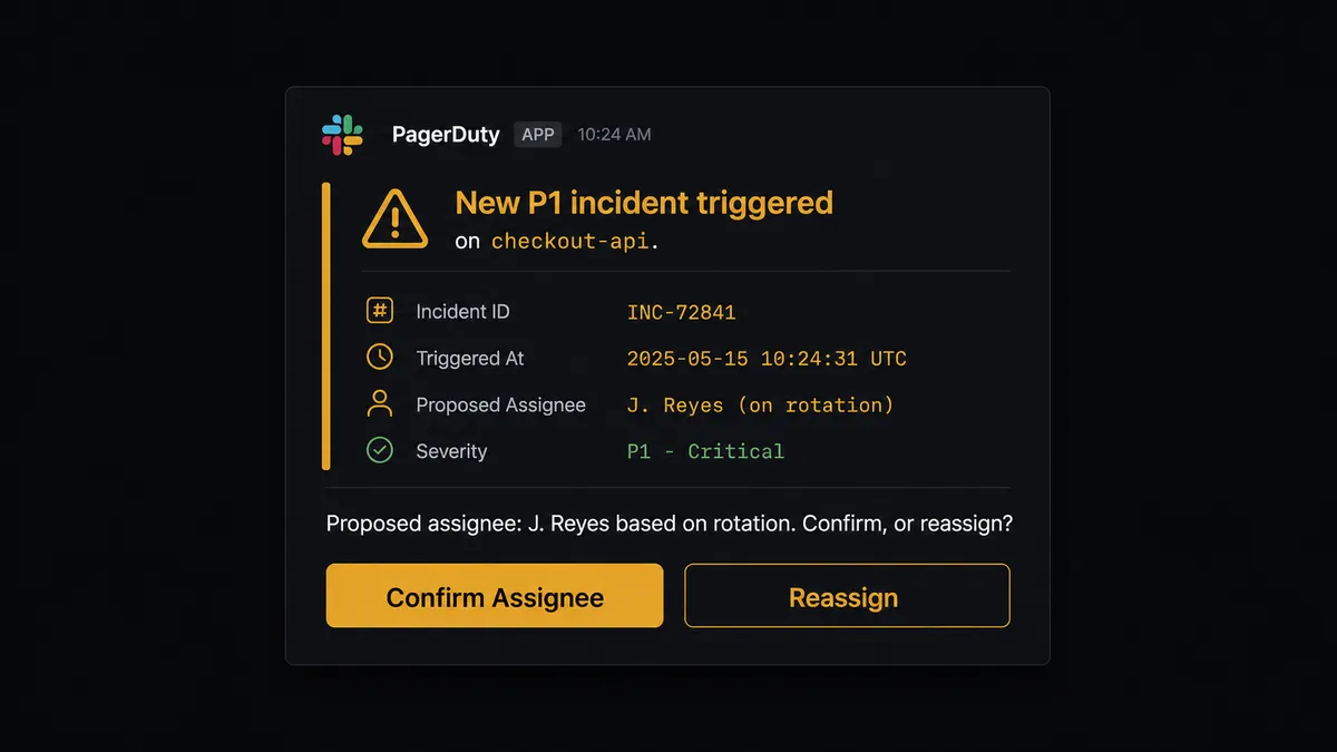 A Slack message card on a dark background reads "New P1 incident triggered on checkout-api