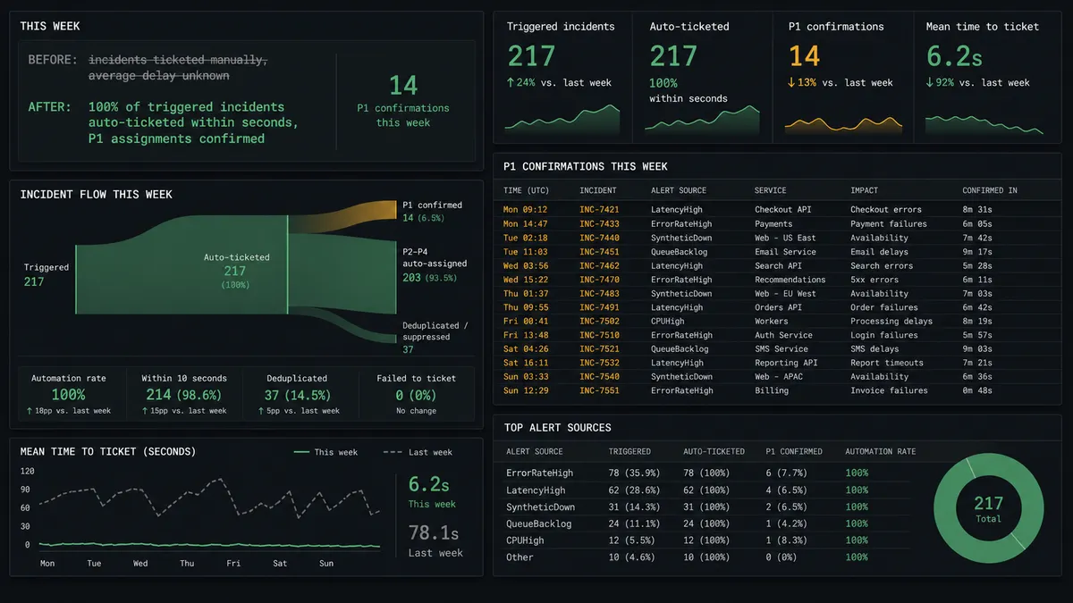 A dark summary panel titled "This week" shows two stacked rows: "Before: incidents ticketed manually, average delay unknown" struck through in muted gray, and "After: 100% of triggered incidents auto-ticketed within seconds, P1 assignments confirmed" in bright green, with a small counter reading "14 P1 confirmations this week