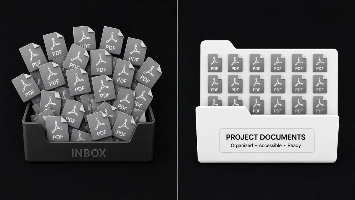 A split-screen composition on a dark background: the left half shows scattered gray PDF icons crowding a cluttered inbox shape; the right half shows the same number of PDF icons organized into a single labeled folder structure in sharp white, divided by a thin vertical seam down the middle