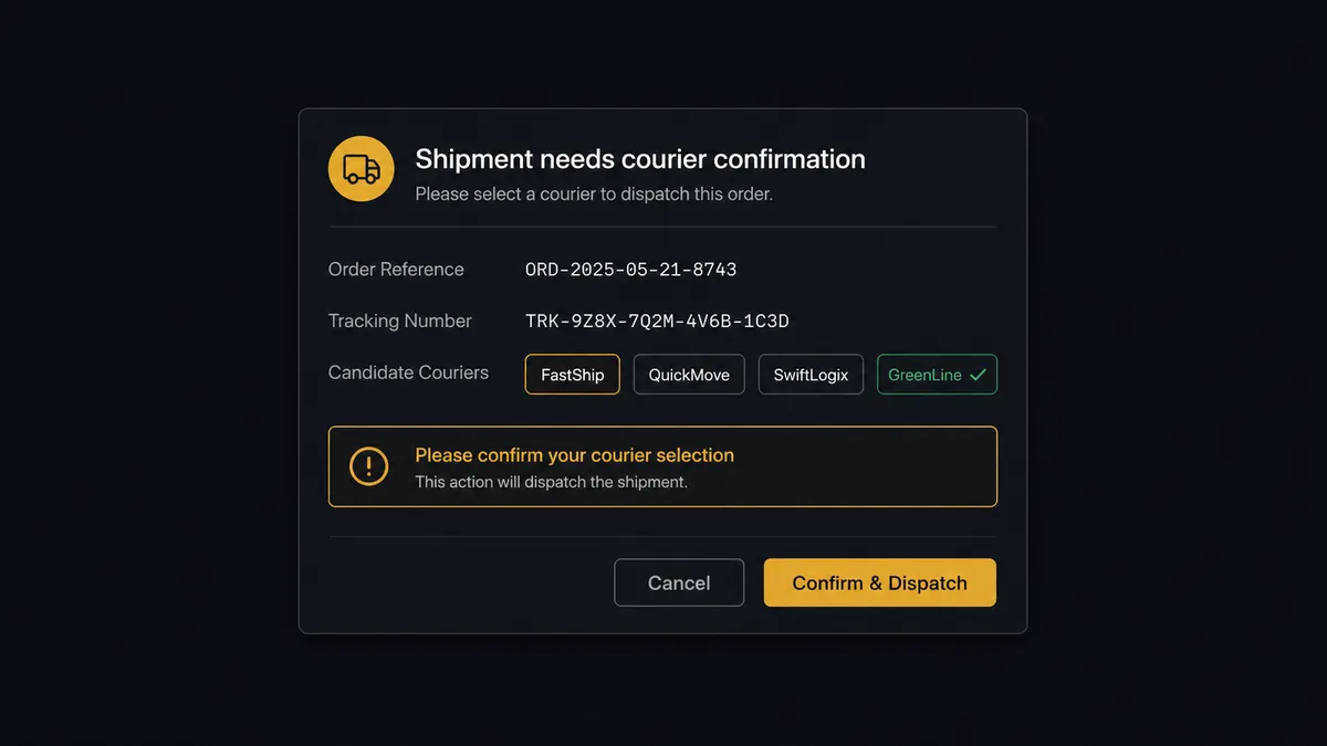 A dark Slack-style approval card on a #0C0E12 field titled as a shipment needing courier confirmation