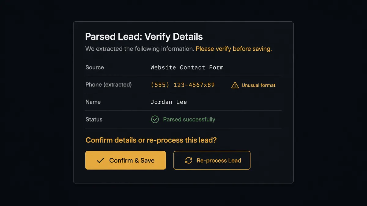 A dark Slack-style approval card on a #0C0E12 field titled as a parsed lead needing verification