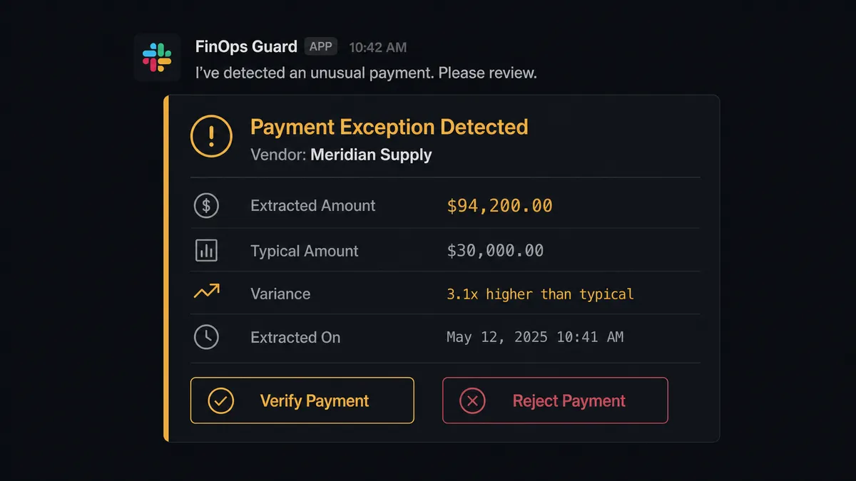 A Slack direct message showing an exception card