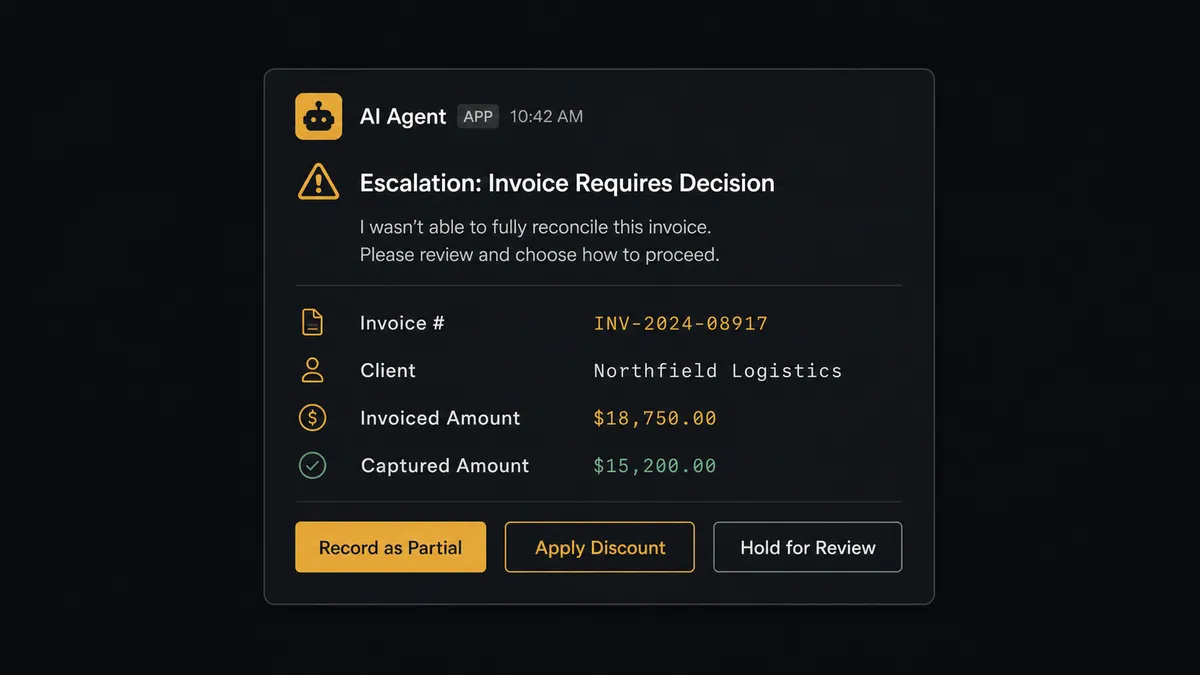 A dark Slack message card in a finance channel showing an escalation from an AI agent: invoice number, client name, invoiced amount, captured amount, and three buttons labeled Record as Partial, Apply Discount, Hold for Review