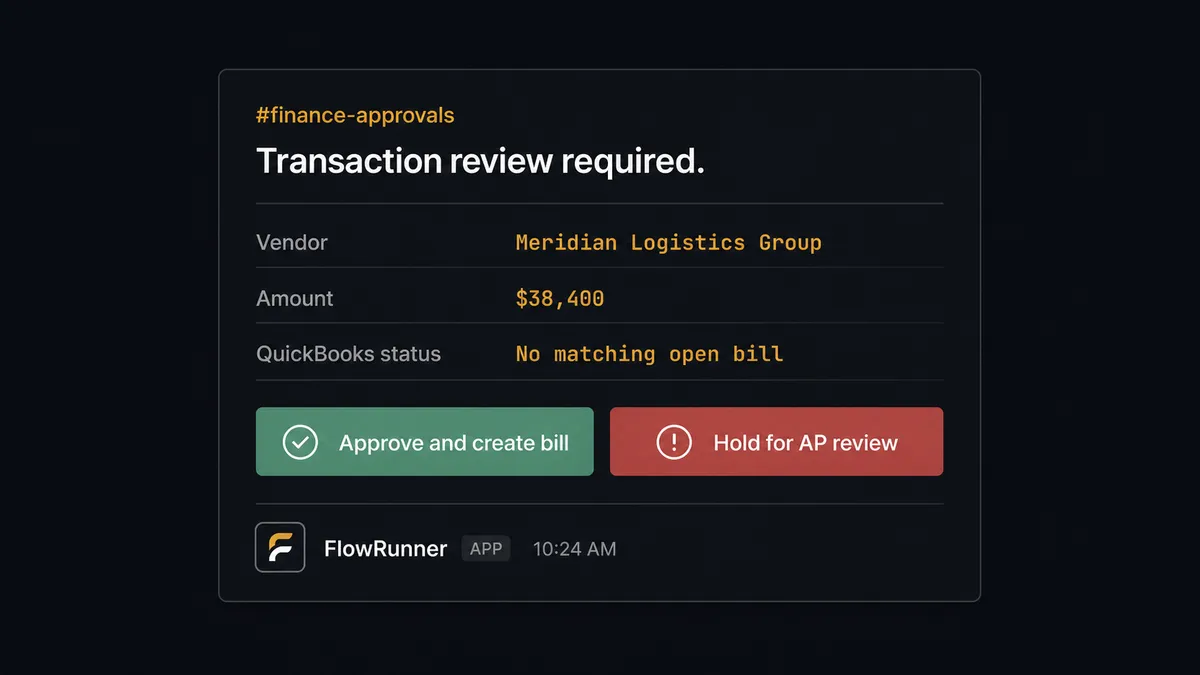 A dark Slack message card from FlowRunner in a #finance-approvals channel