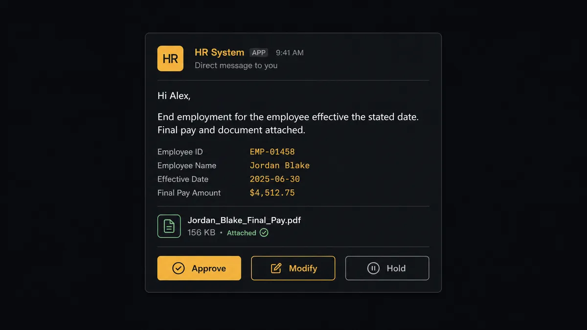 A Slack direct-message card on a dark background addressed to an HR lead, reading "End employment for the employee effective the stated date