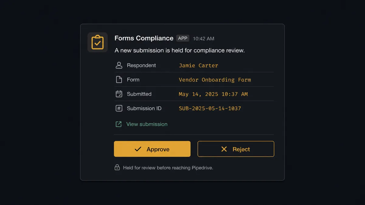 A Slack message card on a dark background showing a compliance-review request: a respondent name, a form title, a "View submission" link, and two buttons labeled Approve and Reject, with a small note underneath reading "Held for review before reaching Pipedrive