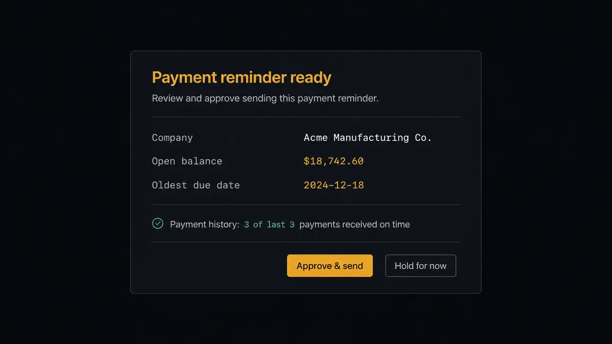 A dark Slack-style approval card on a #0C0E12 field titled "Payment reminder ready" with rows for company, open balance, and oldest due date, a short payment-history line beneath, and approve and hold buttons where approve is the single amber element