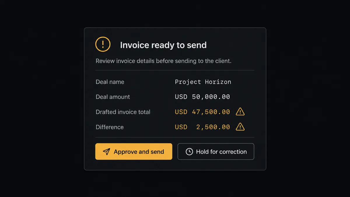 A dark Slack-style approval card on a #0C0E12 field titled "Invoice ready to send"