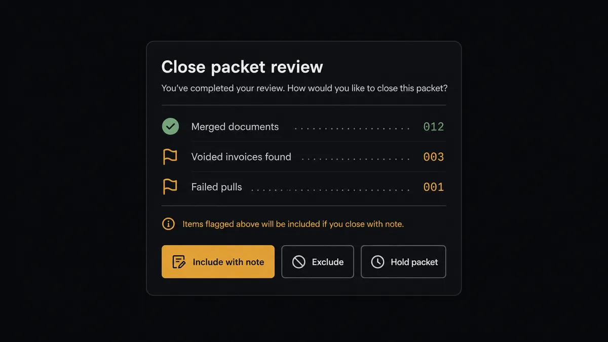 A dark Slack-style approval card on a #0C0E12 field titled "Close packet review"