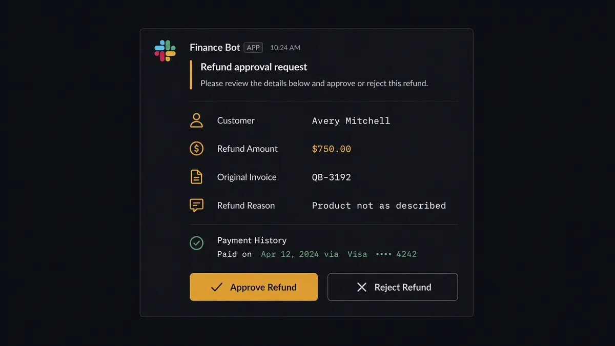 A Slack message showing a refund approval request