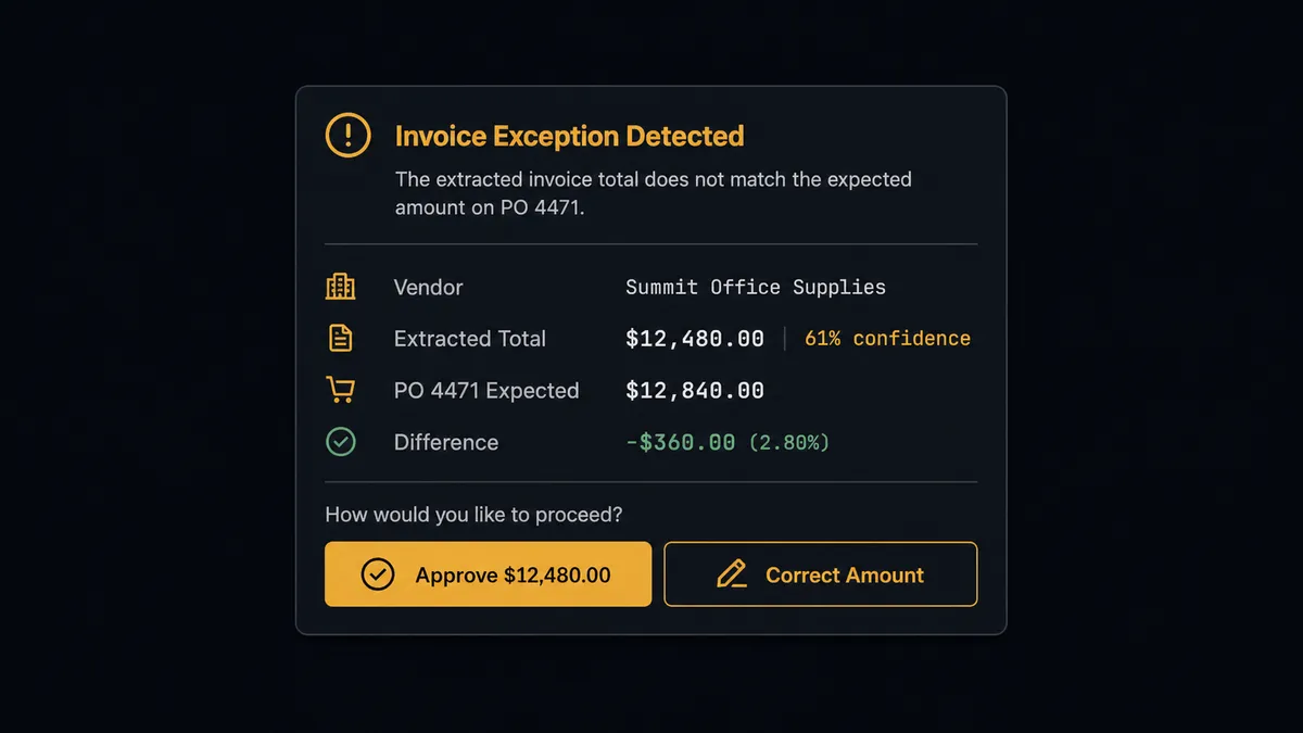 A dark Slack-style approval card on screen showing an invoice exception: vendor name, extracted total $12,480