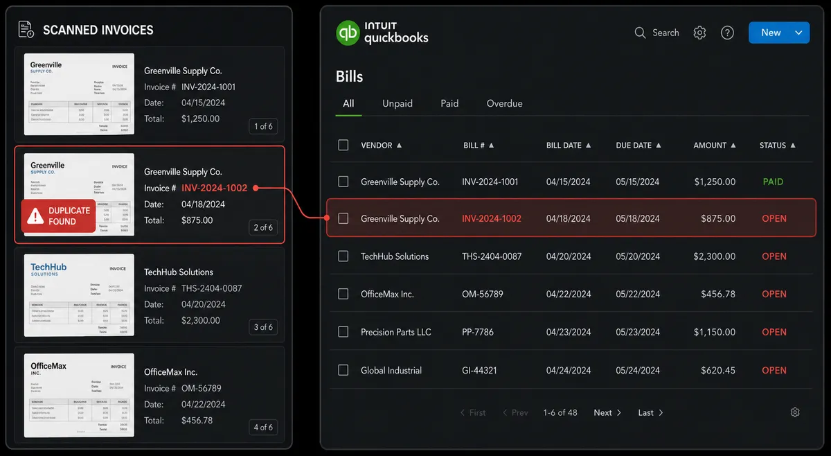 A split-screen dark composition, left side a stack of scanned invoice thumbnails with a red duplicate warning badge on one, right side a QuickBooks bill list with the matching invoice number already present and highlighted, a thin connecting line between the two flagged items