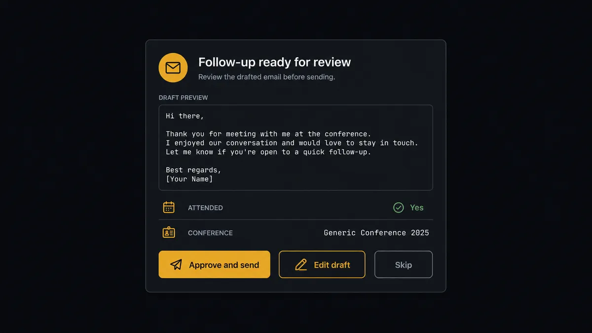 A dark Slack-style approval card on a #0C0E12 field titled "Follow-up ready for review"