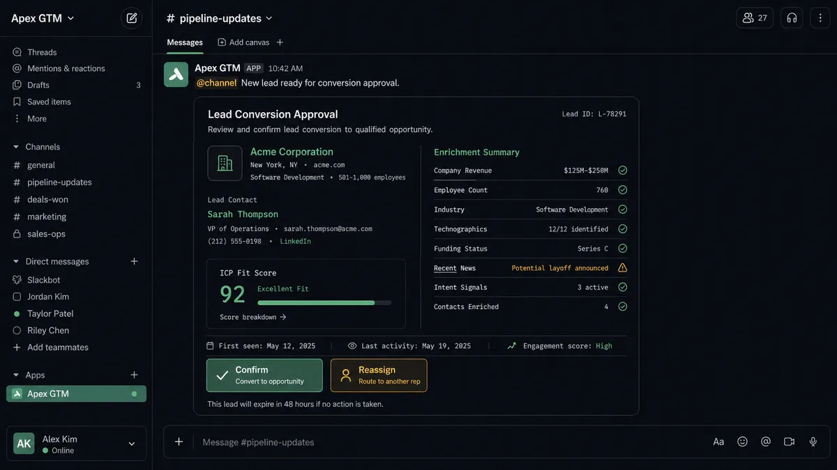 Screenshot of a Slack notification from FlowRunner showing a lead conversion approval card with the lead name, company, ICP score, enrichment summary, and two interactive buttons labeled Confirm and Reassign