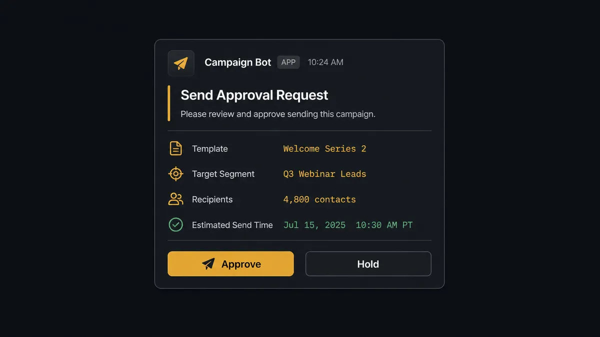 A Slack message card on a dark background showing a send approval request: template name "Welcome Series 2," target segment "Q3 Webinar Leads," a recipient count of 4,800 contacts, and two buttons labeled "Approve" and "Hold