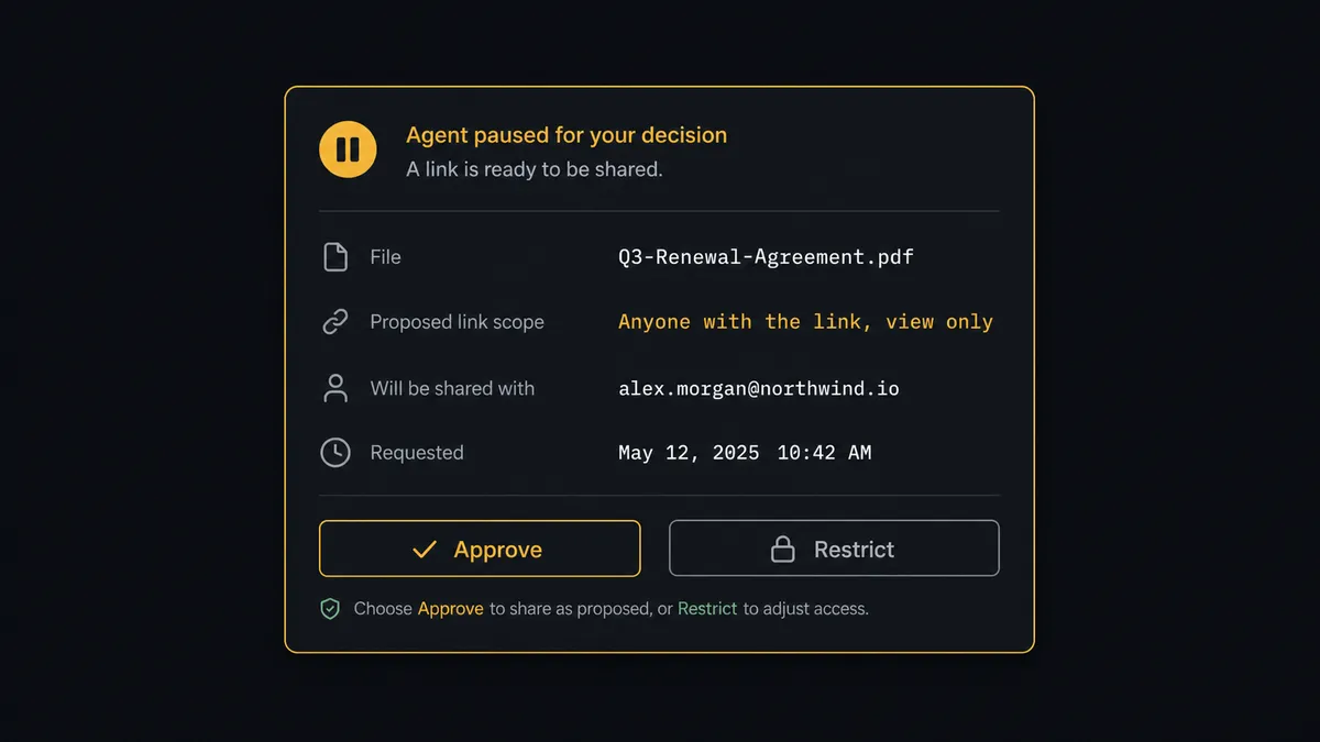 A dark Slack-style approval card on a #0C0E12 background showing a message from the agent with the file name Q3-Renewal-Agreement