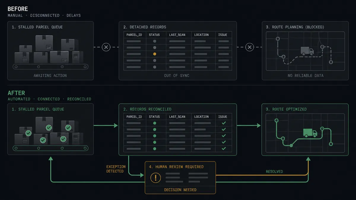 A dark summary panel on a #0C0E12 field with stacked before-and-after rows: the before side shows a queue of stalled parcel silhouettes beside a detached record grid, the after side shows a closed sage-green loop between grid and route with one amber decision frame on the exception branch and a check mark on the reconciled row