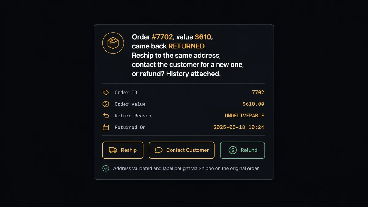 A Slack-style approval card on a dark background reading "Order #7702, value $610, came back RETURNED