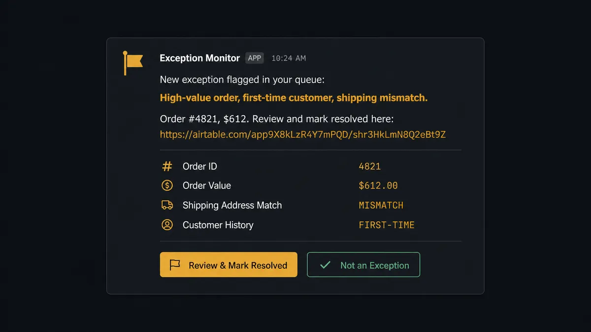 A Slack message card on a dark interface showing "New exception flagged in your queue: High-value order, first-time customer, shipping mismatch