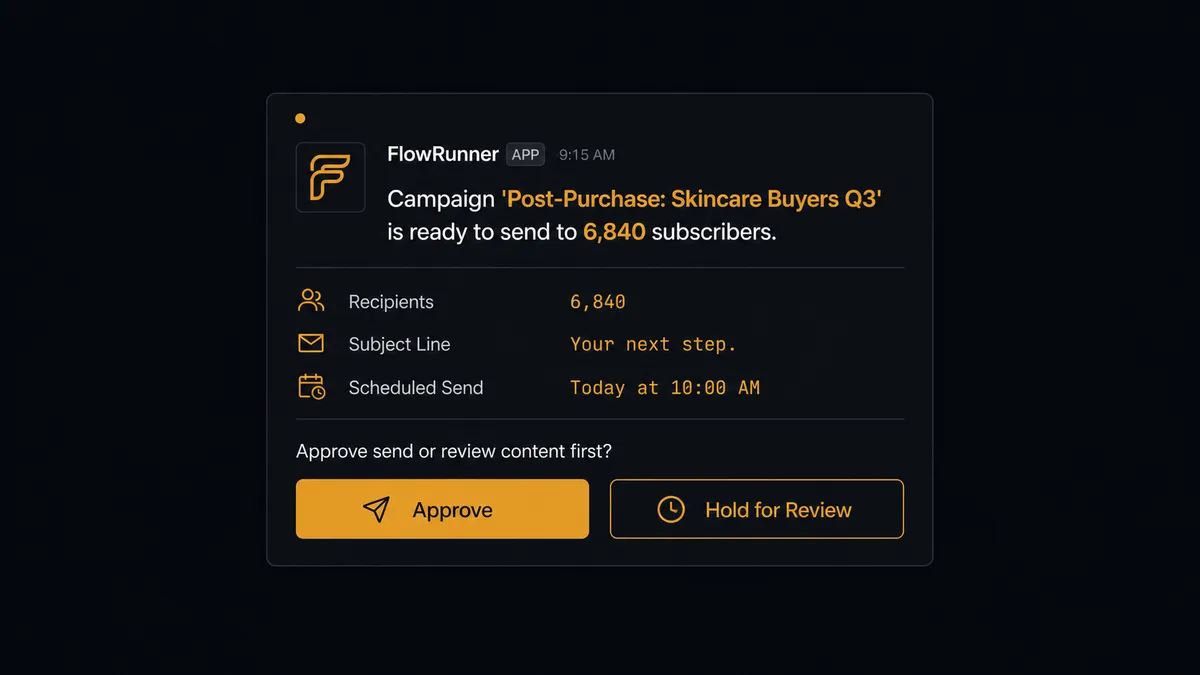 A dark Slack message card from FlowRunner showing: "Campaign 'Post-Purchase: Skincare Buyers Q3' is ready to send to 6,840 subscribers