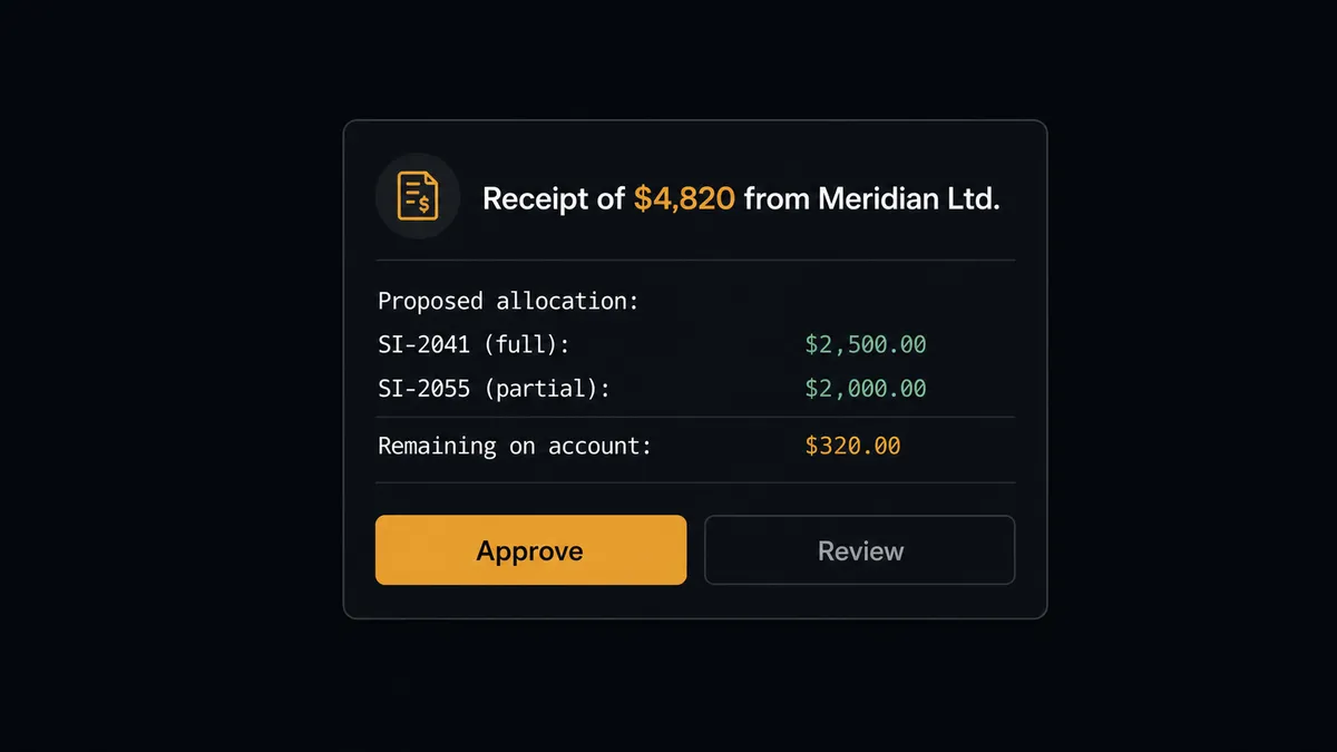 A dark Slack-style approval card on #0C0E12