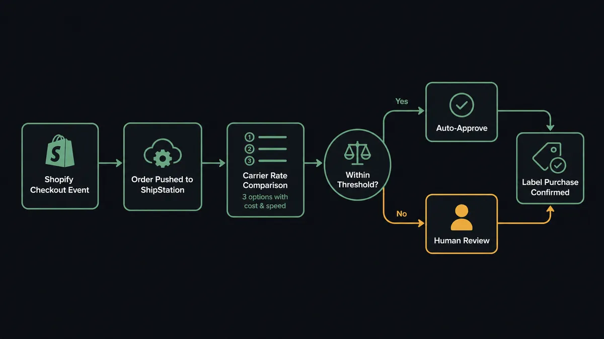A dark flat-design workflow diagram showing five sequential steps: Shopify checkout event, order pushed to ShipStation, carrier rate comparison returning three options with cost and speed labels, a branching node labeled "within threshold?" splitting into an auto-approve path and a human review path, and a label purchase confirmation step