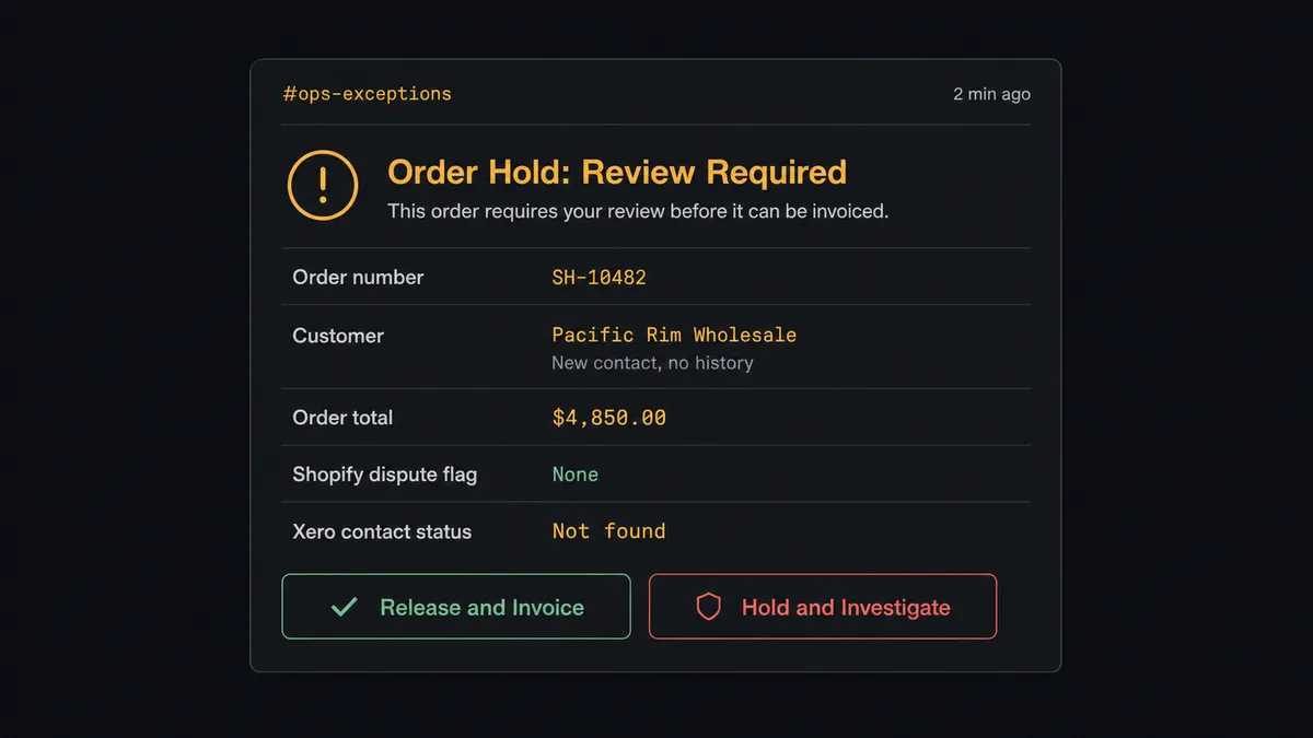 Dark UI showing a Slack-style approval card in a channel called #ops-exceptions