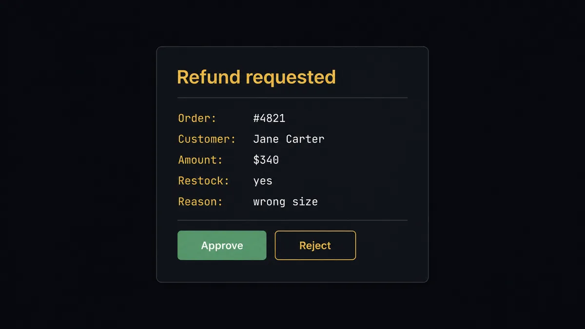 A dark Slack-style approval card on a #0C0E12 background titled "Refund requested"